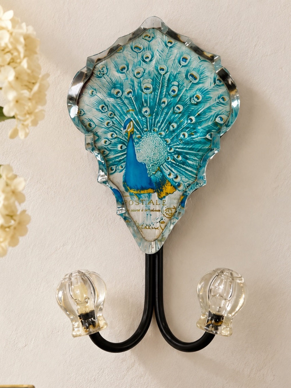 Vintage Anthropologie Peacock Double Wall Hook Blue Clear Resin Finials
